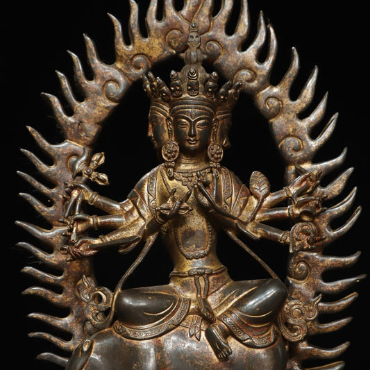 12" China Old Antique Tibetan Buddhism Bronze Gilt Marici Buddha Statue
