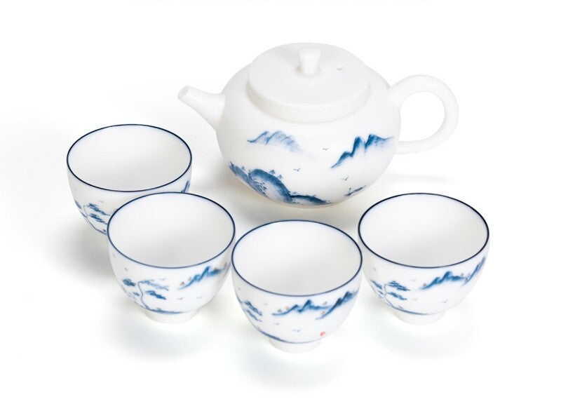 Chinese Tea Set Fat Mutton Jade Porcelain Tea Pot Cup Handpainted Tea Tray New