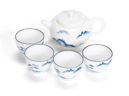 Chinese Tea Set Fat Mutton Jade Porcelain Tea Pot Cup Handpainted Tea Tray New