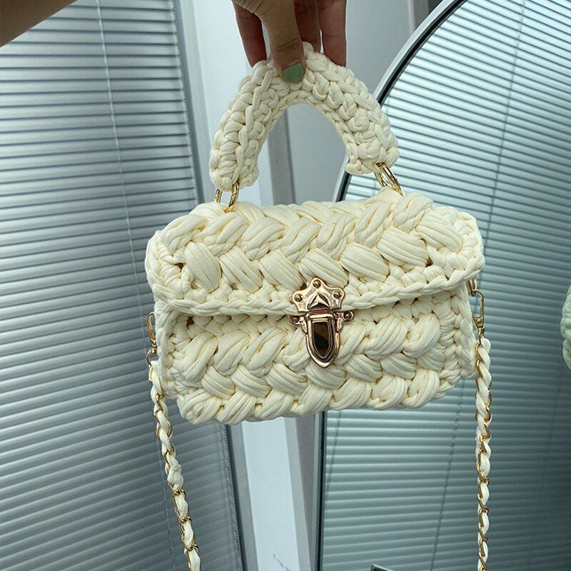 Knitting Bag Woolen Yarn Handmade Woven Handbag Square Crochet Purse 18*5*13 CM