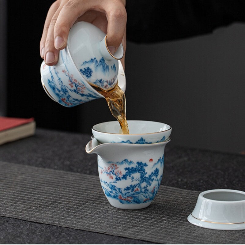 Complete Tea Set Pure Silver Ceramic Gaiwan Matching Tea Cup Pitcher Filter Net