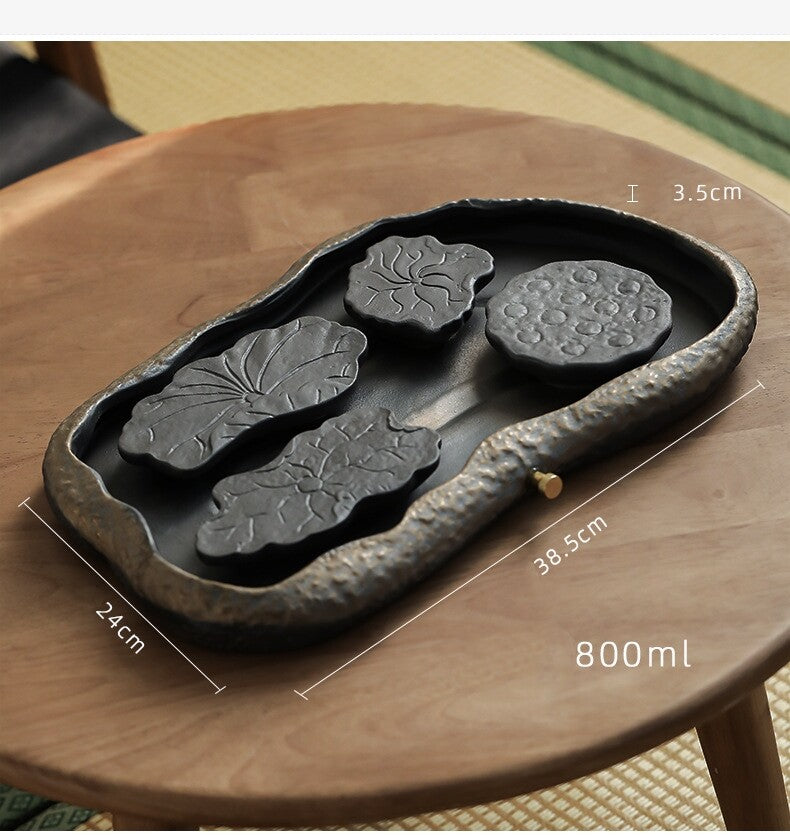 Crude Pottery Tea Tray Water Reservoir Draining Serving Tray Antique Style China