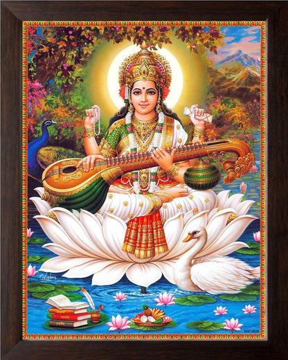 Goddess Saraswati with Swan Painting HD Printed Religious Picture Wooden Frame