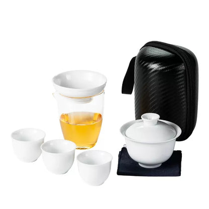 Travel Tea Set Porcelain Gaiwan Matching Tea Cups Glass Pitcher Portable Bag New