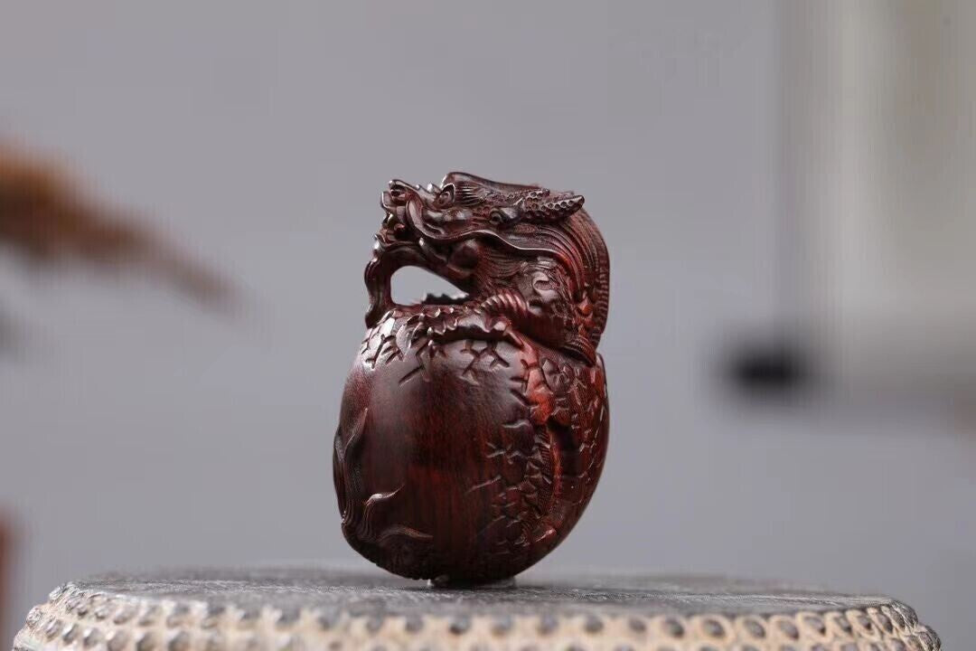 Natural Indian Lobular Red Sandalwood Wood Hand Carved Dragon Egg Statue