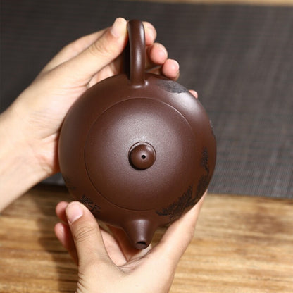 Traditional Craft Real Yixing Zisha Purple Clay Tea Pot Handmade Squirrel Carved