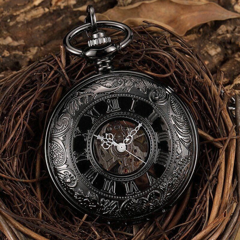 Retro Hand Wind Mechanical Pocket Watch With Fob Chains Men Hollow Skeleton Dial