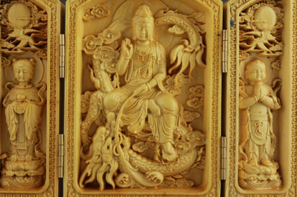 Old Chinese Boxwood handcarved Guanyin Bodhisattva Buddha boxes