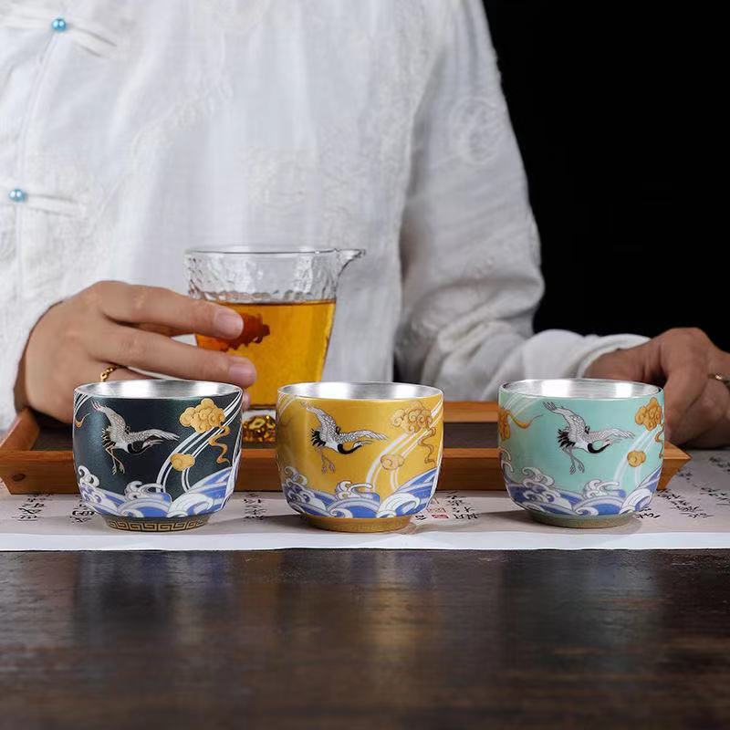 Ceramic Tea Cup Sterling Silver Master Cup Crane Print Chinese Kungfu Cup Of Tea
