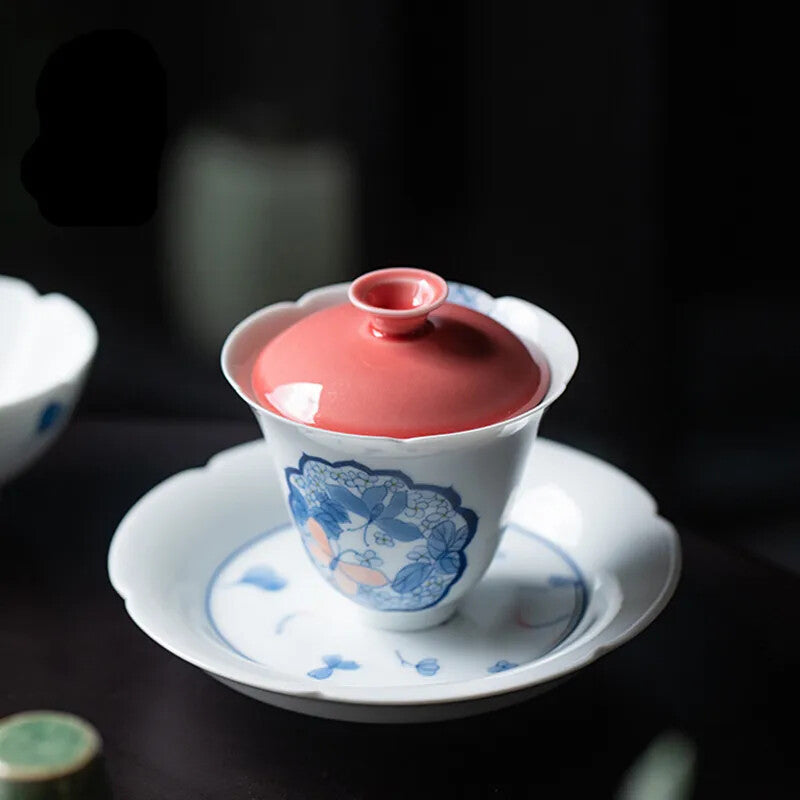 Tea Set Hand Painted Butterfly Porcelain Cover Bowl Single Ceramic Kungfu
