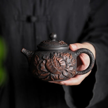 Handmade Carve Peony Flower Blossom Embossed Purple Pottery Tea Pot Marked 6.8oz