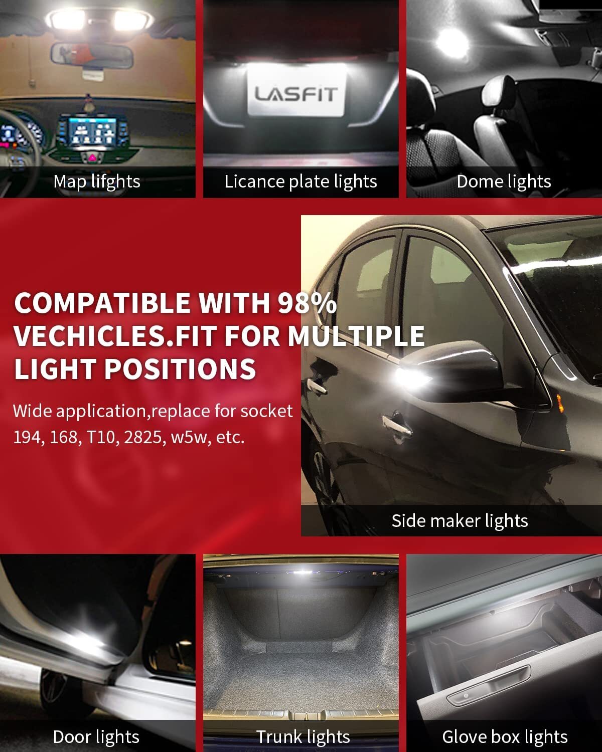 T10 LED License Plate Light Bulbs 6000K Super Bright White 168 2825 194