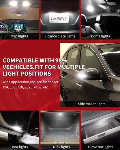 T10 LED License Plate Light Bulbs 6000K Super Bright White 168 2825 194