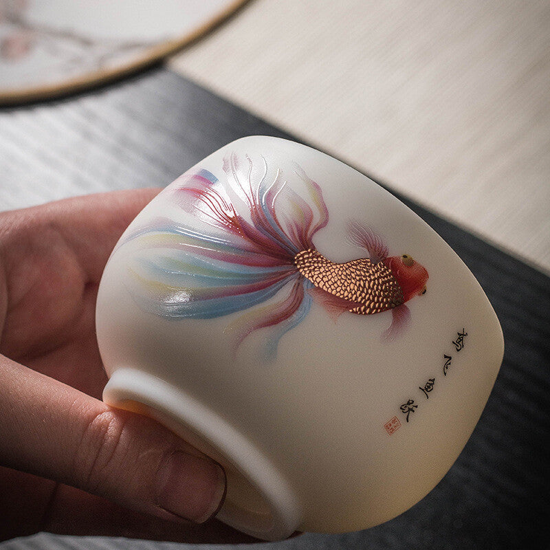 handmade tea cup fat mutton jade porcelain master cup fish print creative teacup
