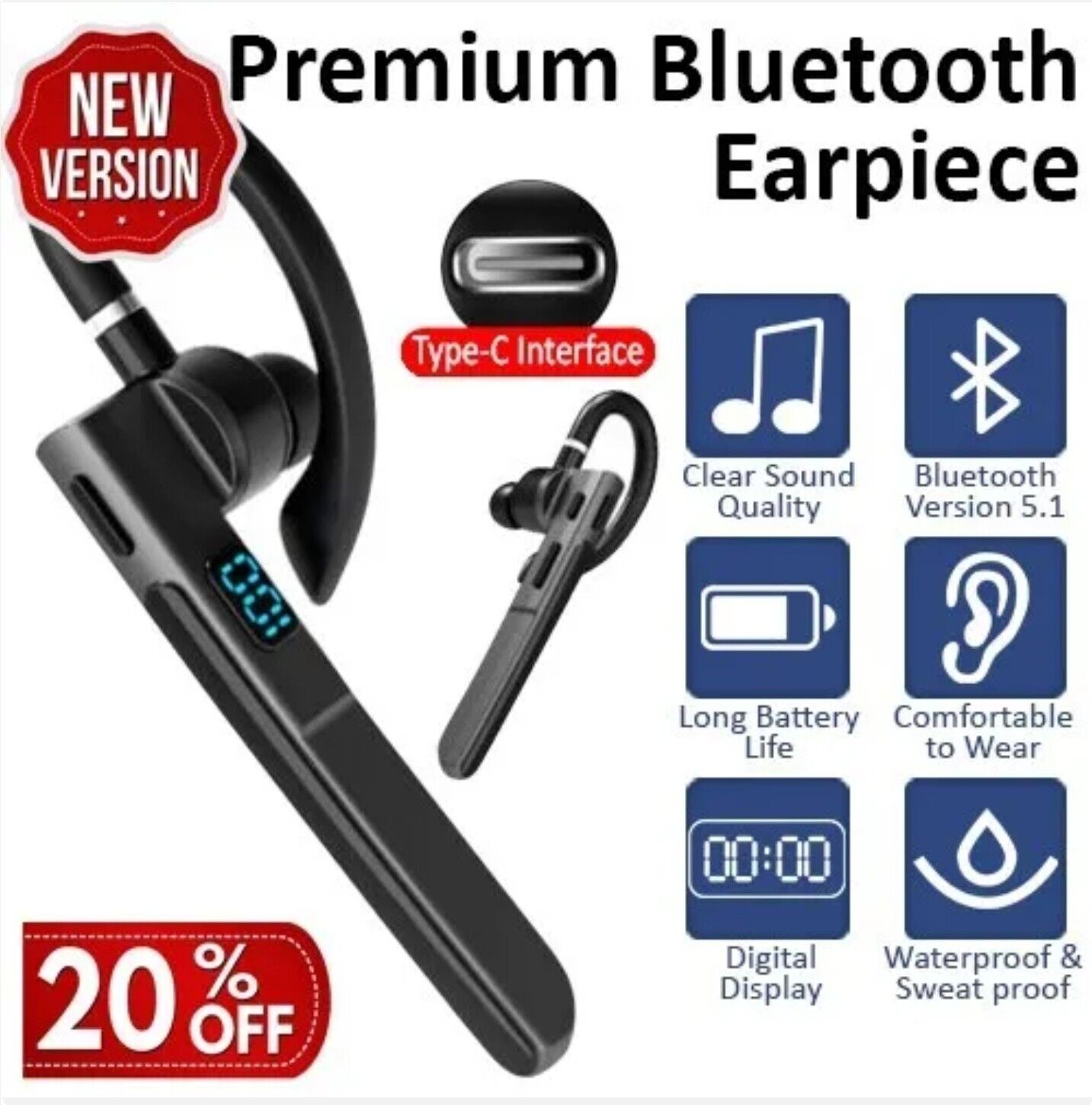 Wireless Bluetooth 5.3 Earpiece Noise Cancelling Trucker Headset Dual Mic Earbud