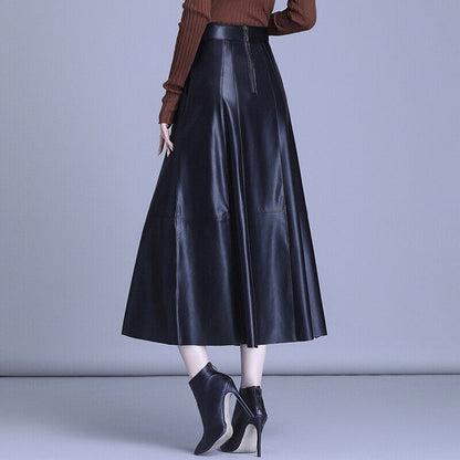 Leather Skirt Women's Skirt Medium Long Pleated Skirt High Waist Sheepskin Skirt