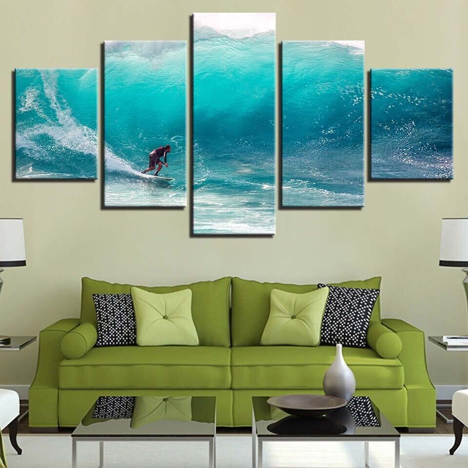 Man Surfing Blue Ocean Sea Waves Canvas Prints Painting Wall Art Home Decor 5PCS