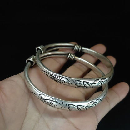 Vintage Tibetan Silver Bangle Pair 75.6g Fish Carved Adjustable Plated Silver