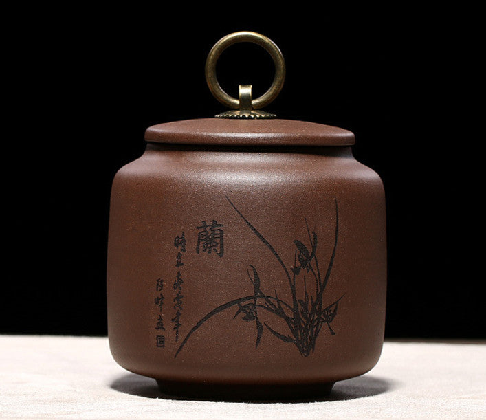 10.5cm China Purple Clay Hand Painted Plum Orchid Bamboo Chrysanthemum Tea Jar