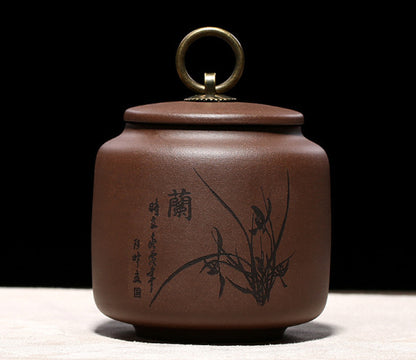 10.5cm China Purple Clay Hand Painted Plum Orchid Bamboo Chrysanthemum Tea Jar