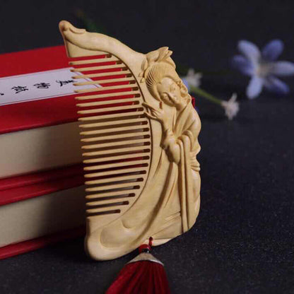 116*65*12mm Fairy Playing the Piano Comb Hand Carving Boxwood Crafts Gift Comb
