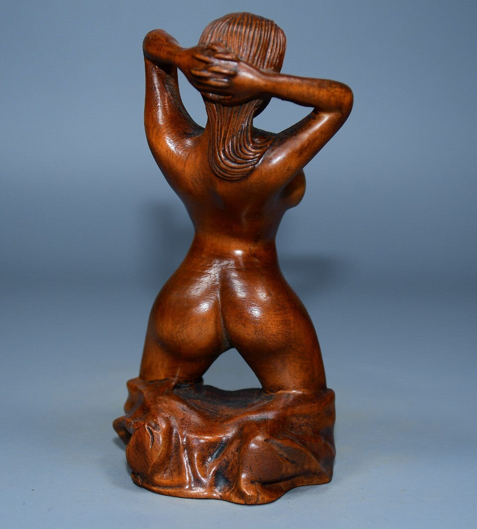4.7" Collect Chinese Box-wood Carving Naked Beautiful Woman beauty knelt Statue