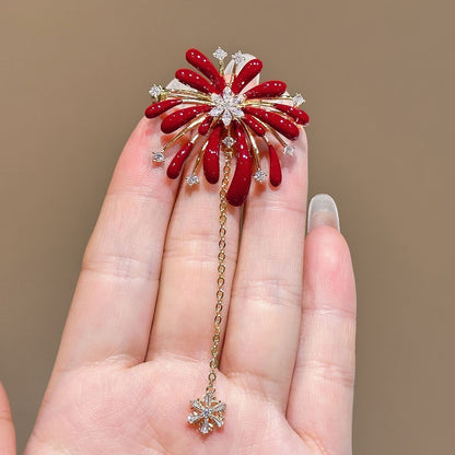 Red Enamel Firework Brooch Zircon Tassel Pin