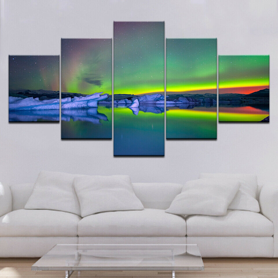 HD Prints Paintings 5 Pieces Green Aurora rainbow Lake Hill Night No Framed