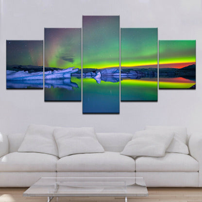 HD Prints Paintings 5 Pieces Green Aurora rainbow Lake Hill Night No Framed