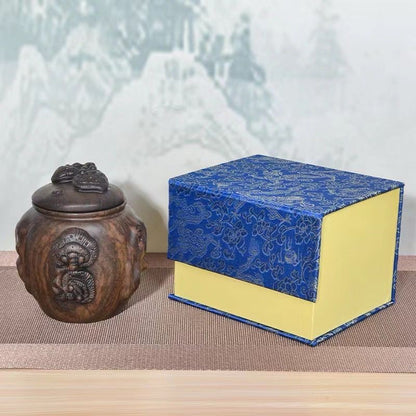 Ebony Wood Tea Caddy Carved Ganoderma Peach Relief Vintage Chinese Jar