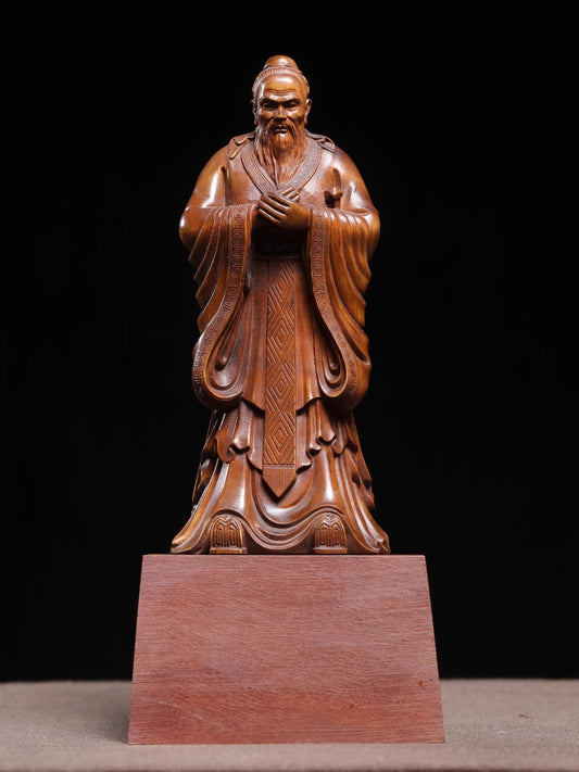 7.5" Boxwood Carved Confucius Statue Kongzi Sage Figure Philosopher Collections