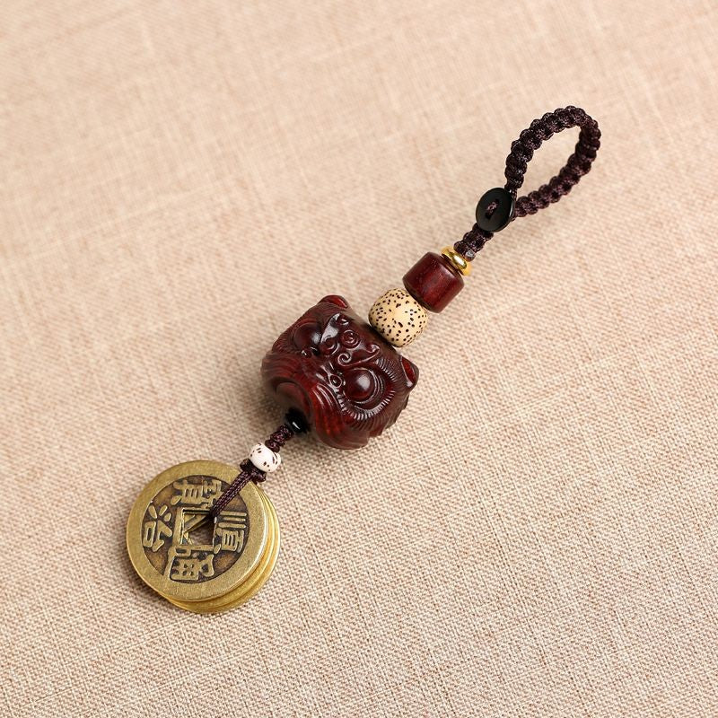 Red Sandalwood Lion Keychain Brass Five Emperors Coin Car Keyring Peace Talisman