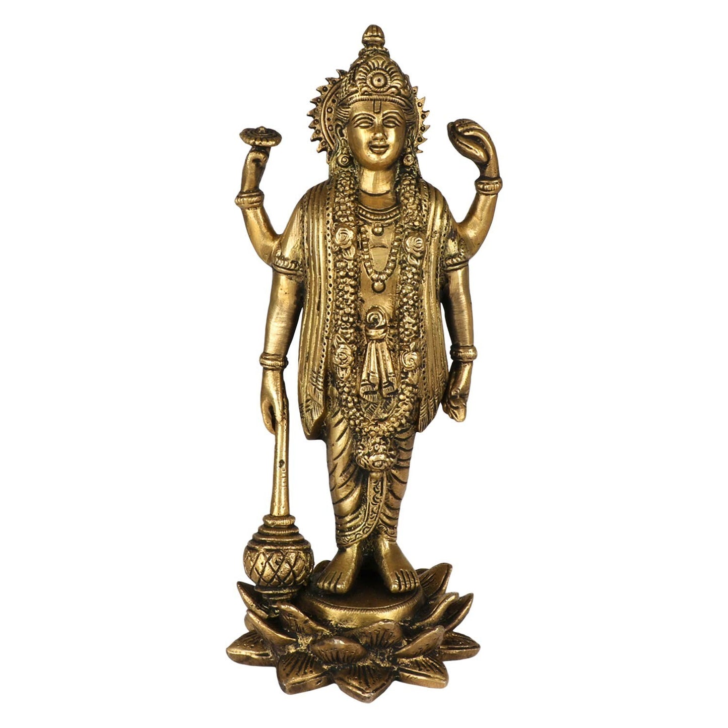 Hindu God Brass Lord Bhagwan Vishnu Narayann Idol Holding Club Figurine Statue