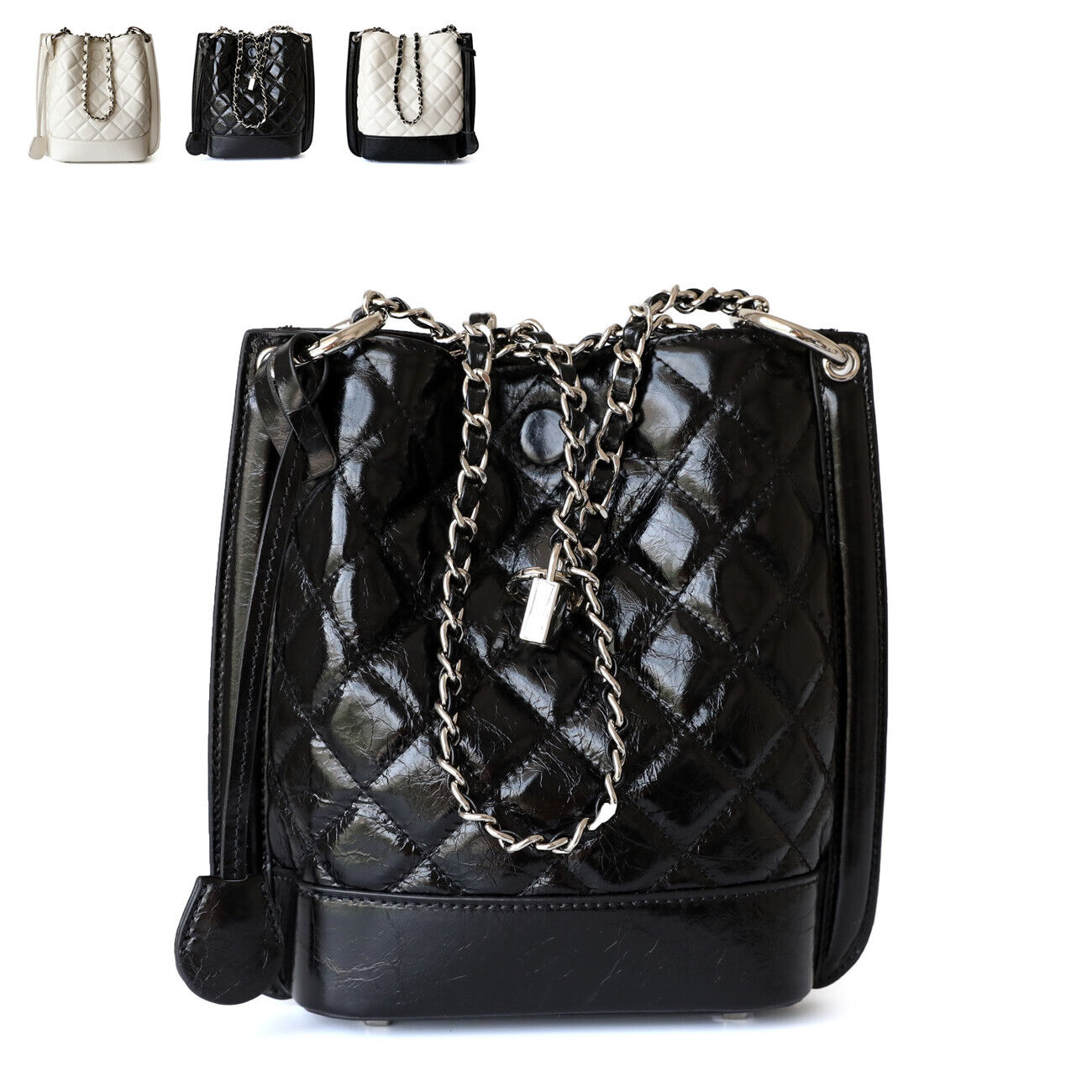 Small Quilted Real Leather Bucket Shoulder Bag Tote Purse Handbag Fashion Chains