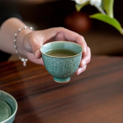 Celadon Relief Lotus Teacup Ancient Tea Bowl Jug Tea-tasting Meditation Cup
