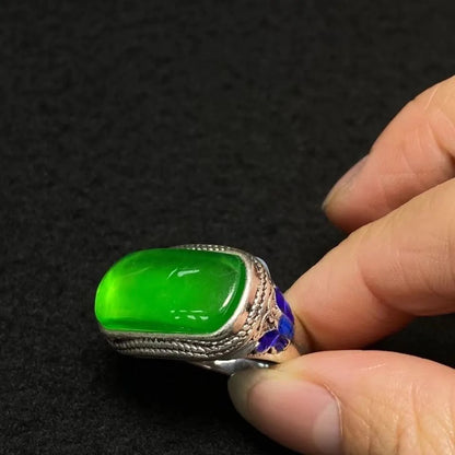 1Pc Tibetan Silver Inlaid Natural Jade Ethnic Style Ring Ring