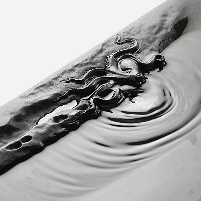 Full Handmade Carved Tea Tray Black Stone Octopus Engraved Water Draining Trays