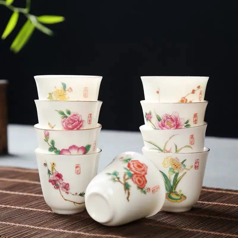 2.08" Chinese Ceramic Teacup Travel Meditation Hand Painted Lotus Leaf Tea Bowl