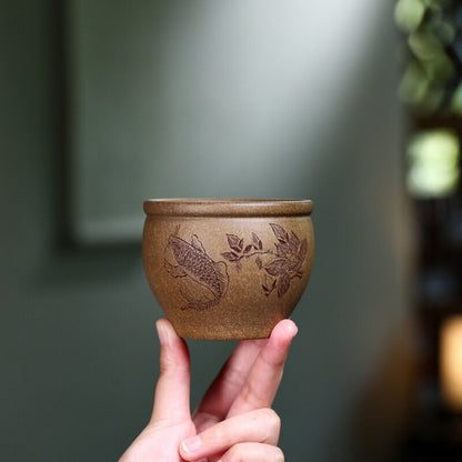 Full Handmade Teacup Fish Carved Chinese Real Yixing Zisha Clay Marked Cup 220ml