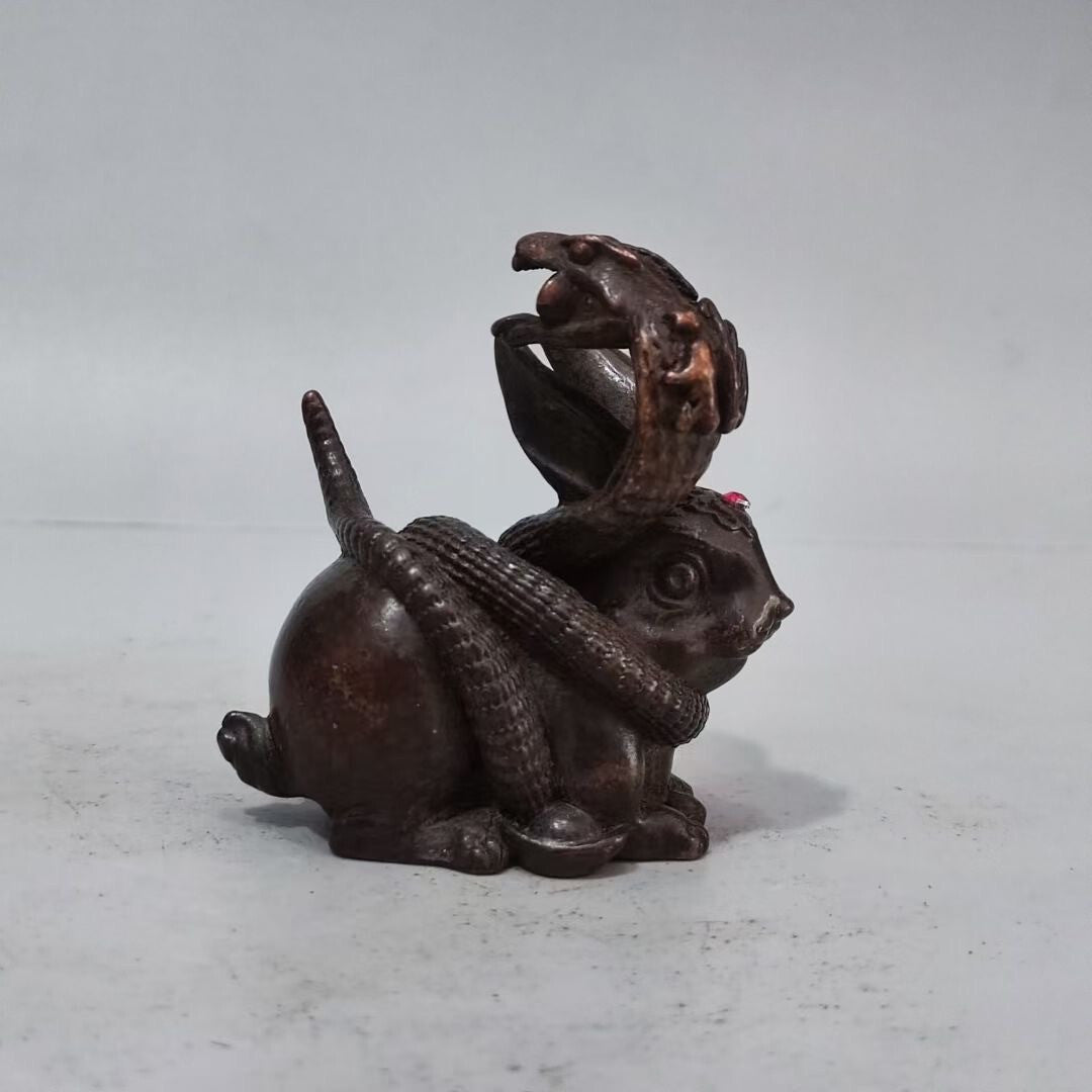 chinese bronze rabbit snake statue figure collectable tea pet table decoration