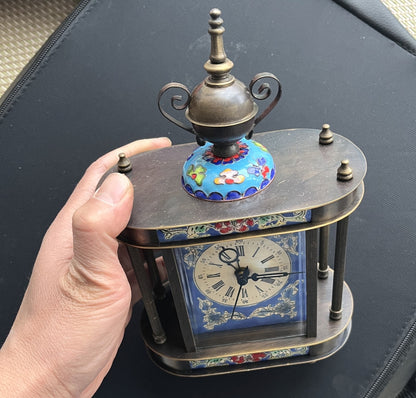 Chinese Old Cloisonne Brass Retro Disc Mechanical Clock Crafts Working