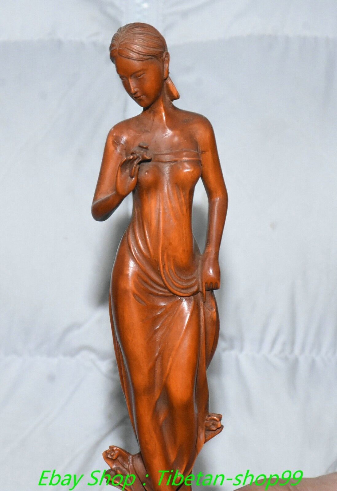 7.8''Old Chinese Boxwood Carving Beauty Beautiful Belle Statue Sculpture