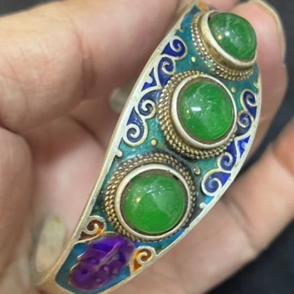 Old Chinese Tibet Silver Inlay Green Jade Handmade Bracelet