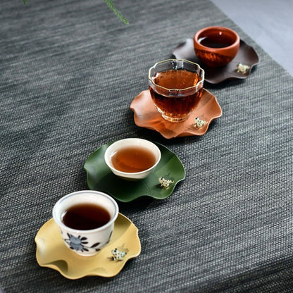 9.5cm Yixing Purple Clay Handcarved Frog Lotus Leaf Coaster Tea Pet Decoration