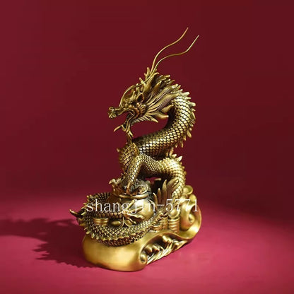 9.5" Brass Carved Chinese Dragon Statue Holy Beast Wealth Feng Shui Home Decor
