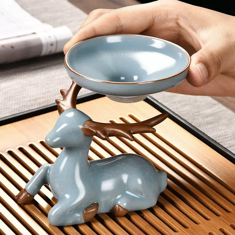 Tea Strainer Filter Net Deer Statue Holder Tea Pet Crackle Glaze Porcelain New