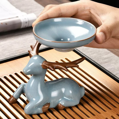 Tea Strainer Filter Net Deer Statue Holder Tea Pet Crackle Glaze Porcelain New