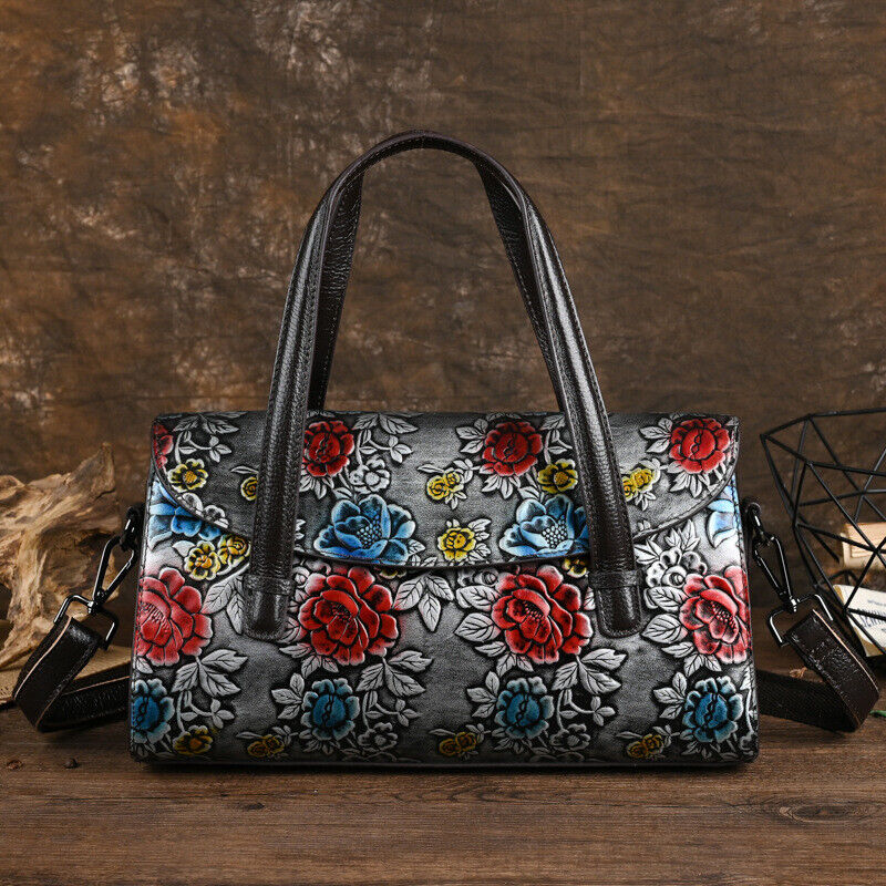 Genuine Leather Floral Embroidered Vintage Handbag Women's Tote Shoulder Bags