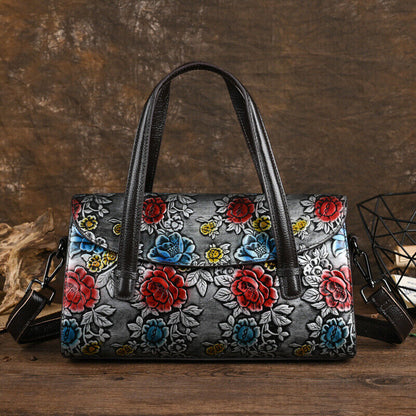 Genuine Leather Floral Embroidered Vintage Handbag Women's Tote Shoulder Bags