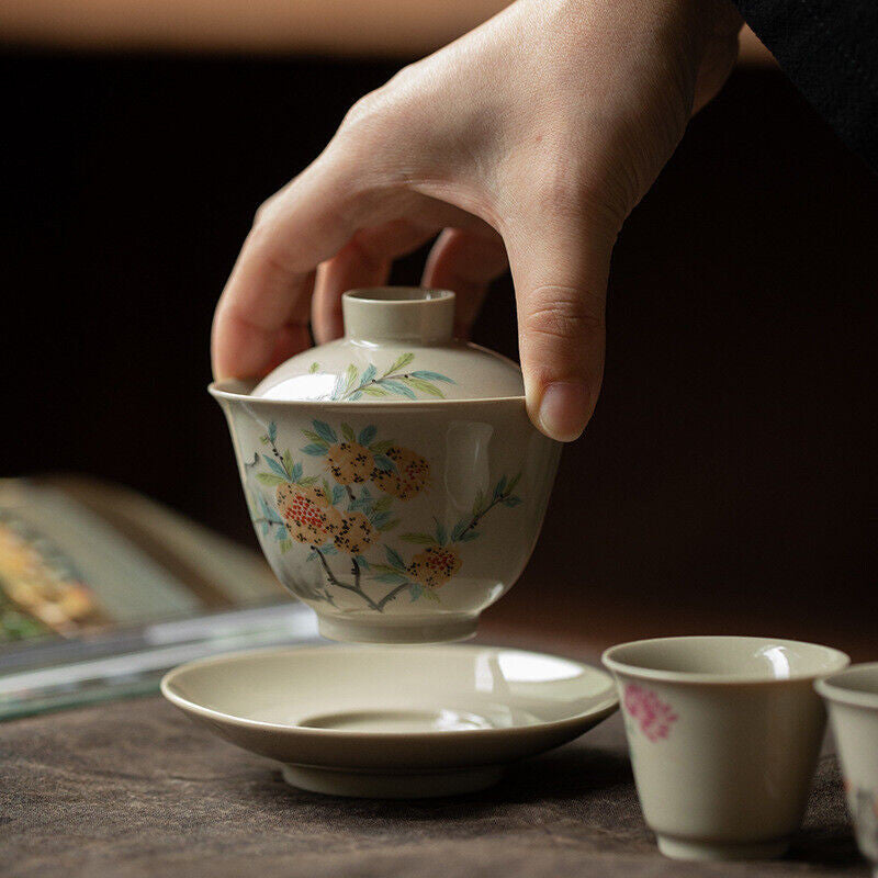 Retro Chinese Style Ceramic Covered Bowl Tea Cup Kung Fu Tea Set